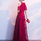 Lovely Halter Neckline Dark Red Lace Long Bridesmaid Dress, A-Line Wine Red Prom Dress     cg20572