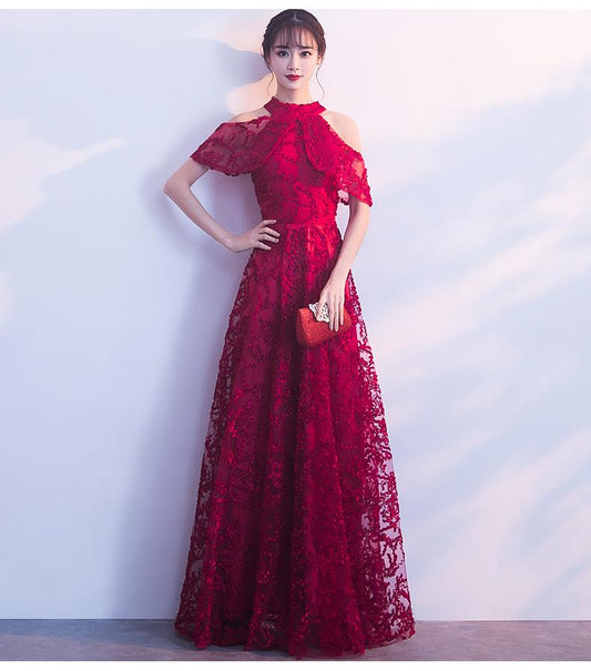 Lovely Halter Neckline Dark Red Lace Long Bridesmaid Dress, A-Line Wine Red Prom Dress     cg20572