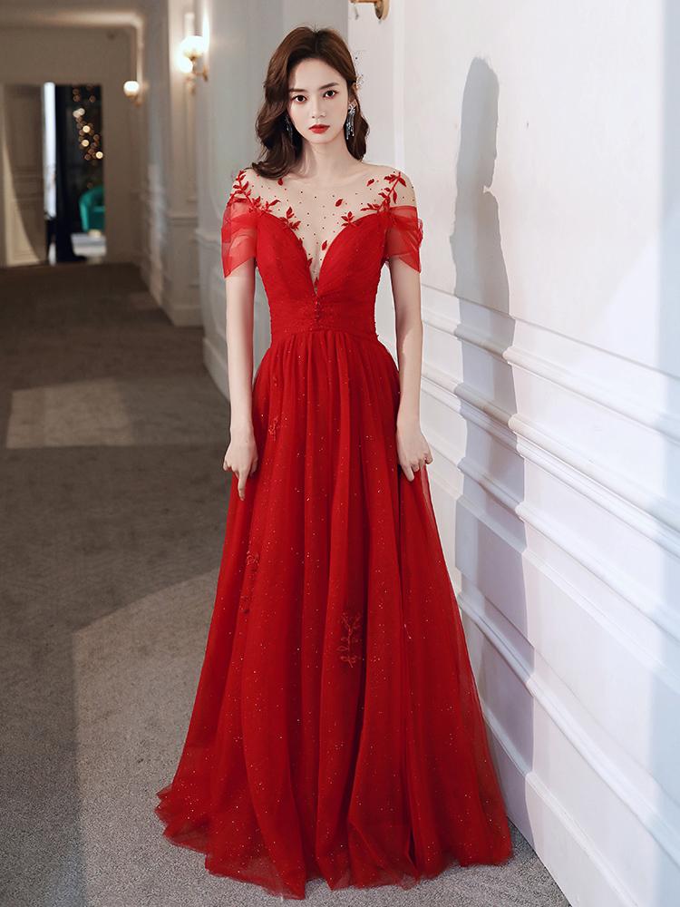 Red Tulle Sweetheart Elegant Long Formal Dress, Red Party Dress Wedding Party Dress Prom Dress     cg20575