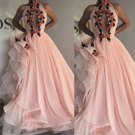pink prom dresses high neck dotted tulle embroidery appliqué elegant prom gown   cg20587