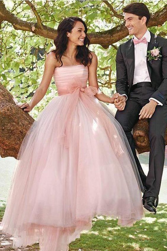 Pink Strapless Neckline A Line Princess Tulle Outside Wedding Dress Bridal Dresses prom gown   cg20588