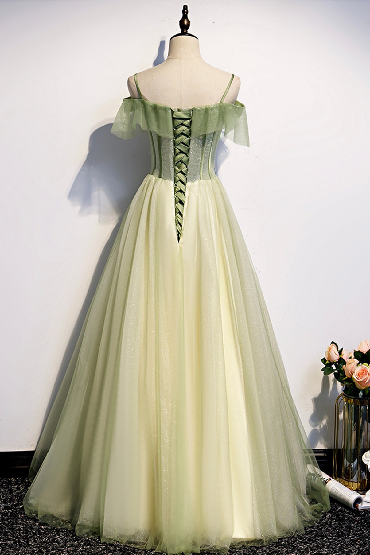 GREEN TULLE LACE LONG A LINE PROM DRESS EVENING DRESS    cg20604