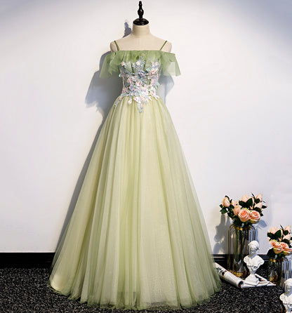 GREEN TULLE LACE LONG A LINE PROM DRESS EVENING DRESS    cg20604