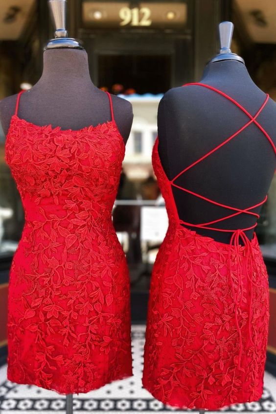 tight red lace appliques party dress homecoming dress with lace up back    cg20605