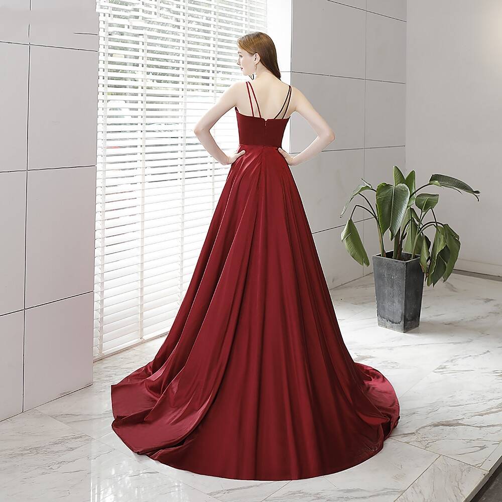 Wine Red A-line Long Formal prom Dress with Slit     cg20611