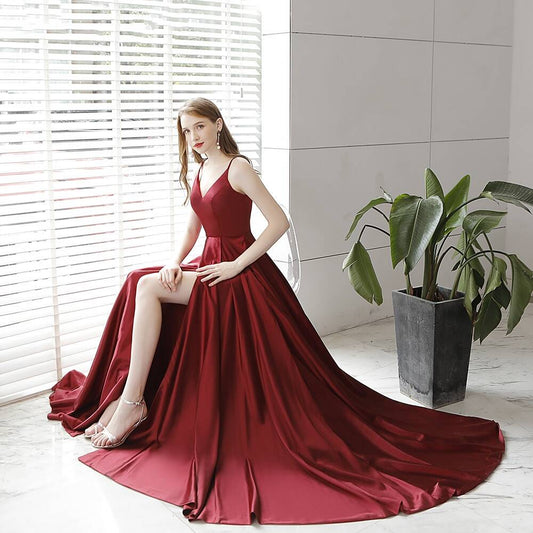 Wine Red A-line Long Formal prom Dress with Slit     cg20611