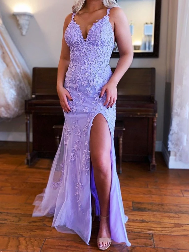Mermaid V Neck Purple Lace Long Prom Dresses    cg20618