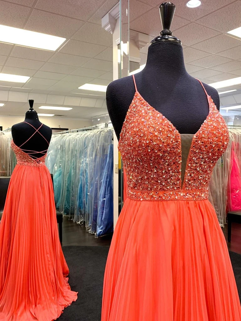 A Line V Neck Backless Beaded Orange Chiffon Long Prom Dresses, Orange Formal Evening Dresses     cg20619