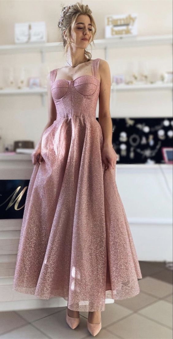 pink glitter prom dresses sweetheart corset ankle length    cg20622