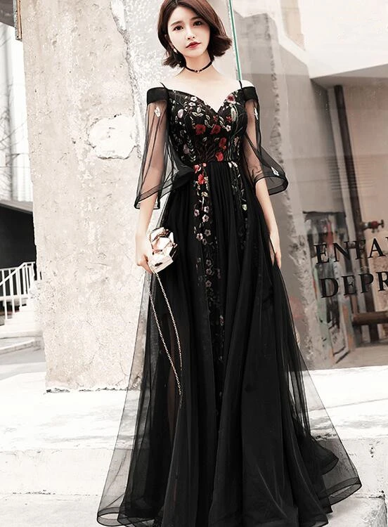 Black Floral Off Shoulder Floor Length Party Dress, Black Tulle Prom Dress Formal Dress   cg20634