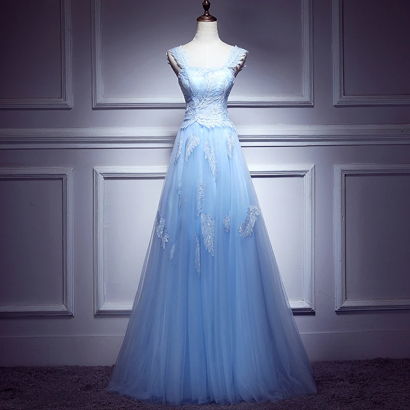 Lovely Light Blue Lace Applique Tulle Prom Dress, Blue Junior Party Dress Formal Dress   cg20635