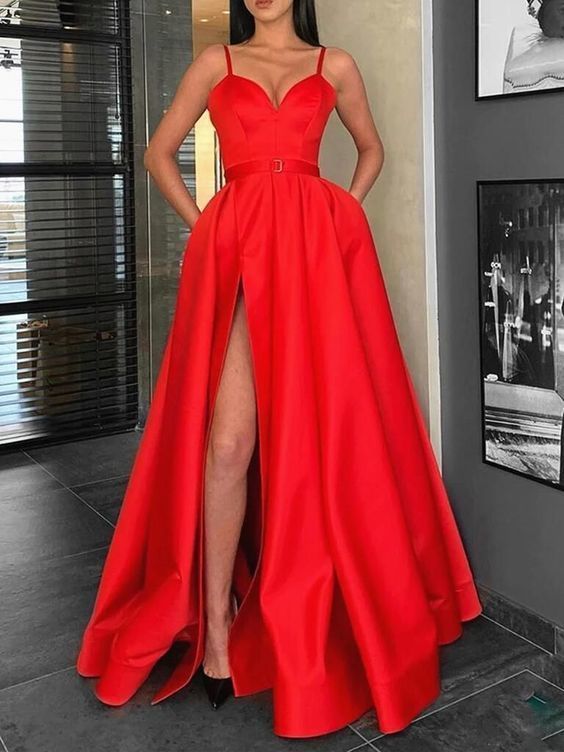 A Line Sweetheart Neck Red Long Prom Dresses with Leg Slit Graduation Dresses     cg20646