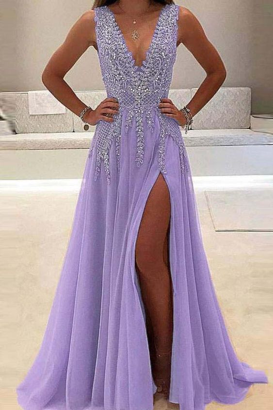 A line Tulle V Neck Purple Prom Dresses Long Backless Evening Dresses    cg20658