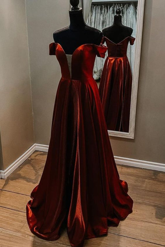 off the shoulder burgunyd long prom dress     cg20663