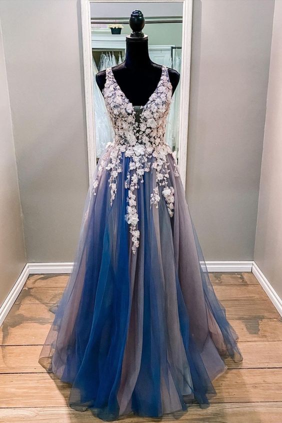 Princess A-line navy blue tulle and lace appliques long prom dress     cg20664