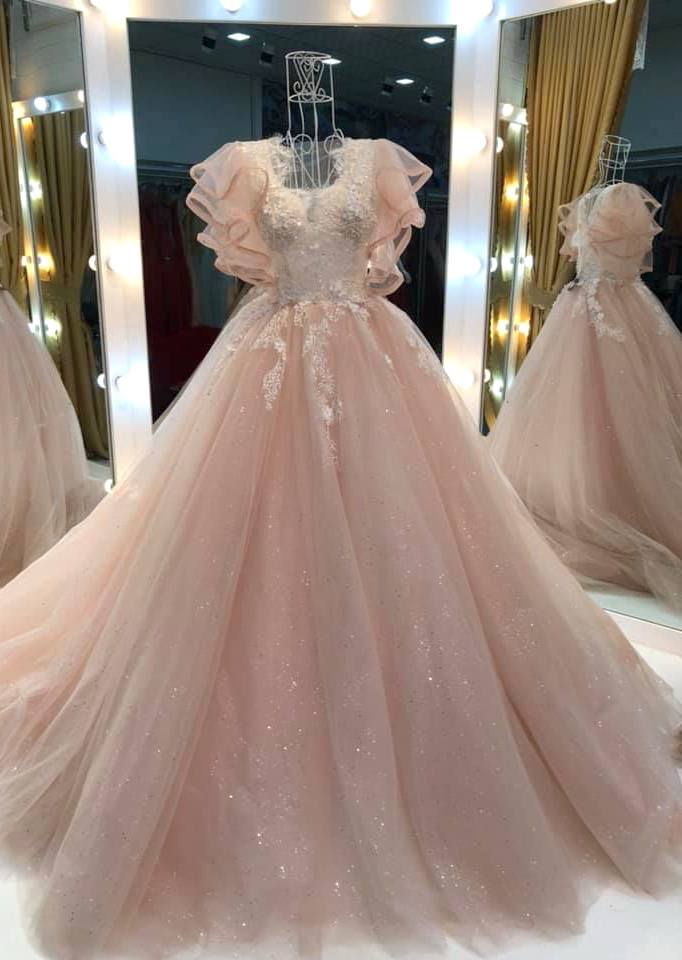 tulle princess long formal prom dress, long pink evening dress    cg20683