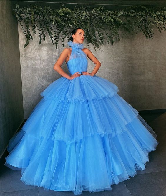Princess Blue Prom Ball Gown Dresses with Layers Tulle Skirt     cg20701
