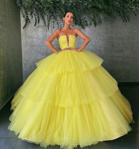 Starpless Open Back Yellow Ball gown Tulle Layered Skirt,Formal Prom Evening Gown    cg20702