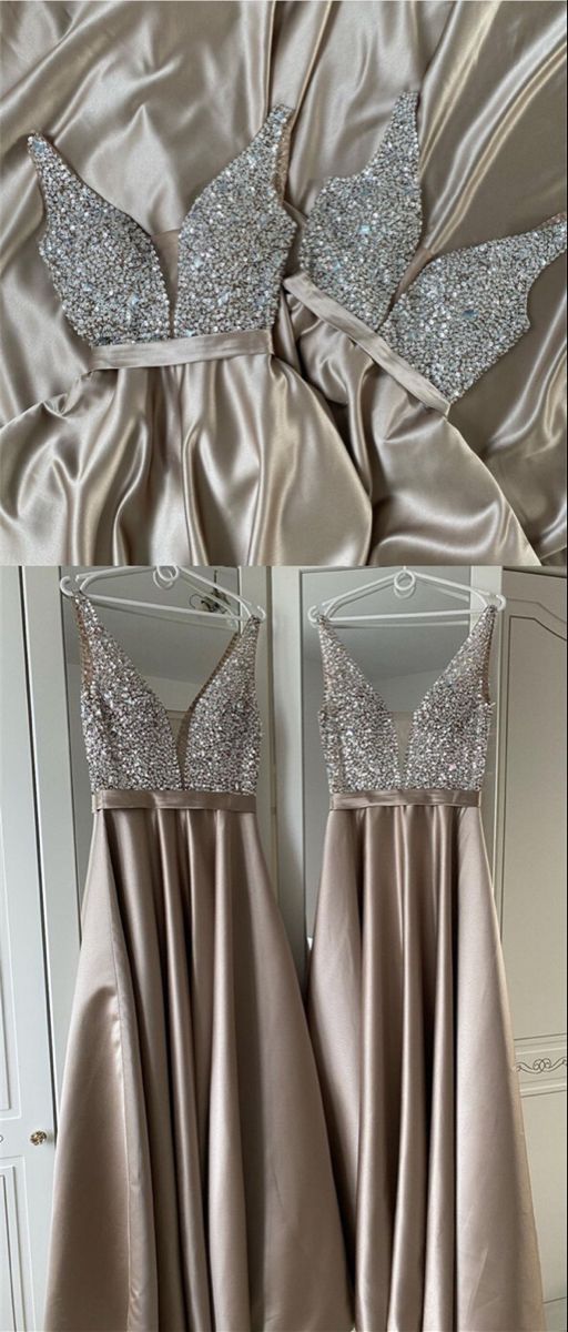 Long champagne satin bridesmaid dresses plunge neck beaded top Prom Evening Gown    cg20717