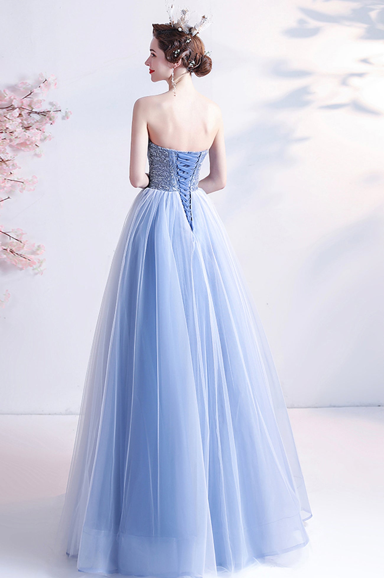 BLUE TULLE LACE LONG A LINE PROM DRESS EVENING DRESS    cg20719