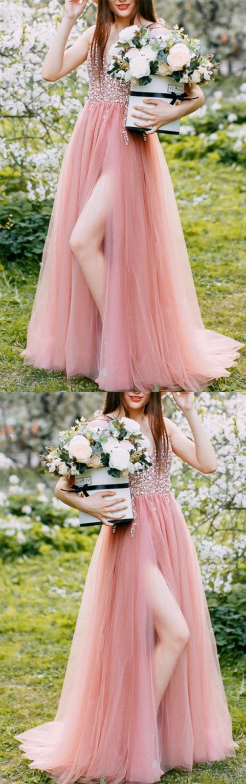 tulle prom dresses,pink prom dresses,tulle evening gowns,split prom dresses,long evening dress cg2072