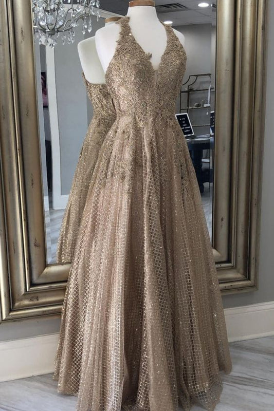 A-line gold halter long formal dress prom dress    cg20721