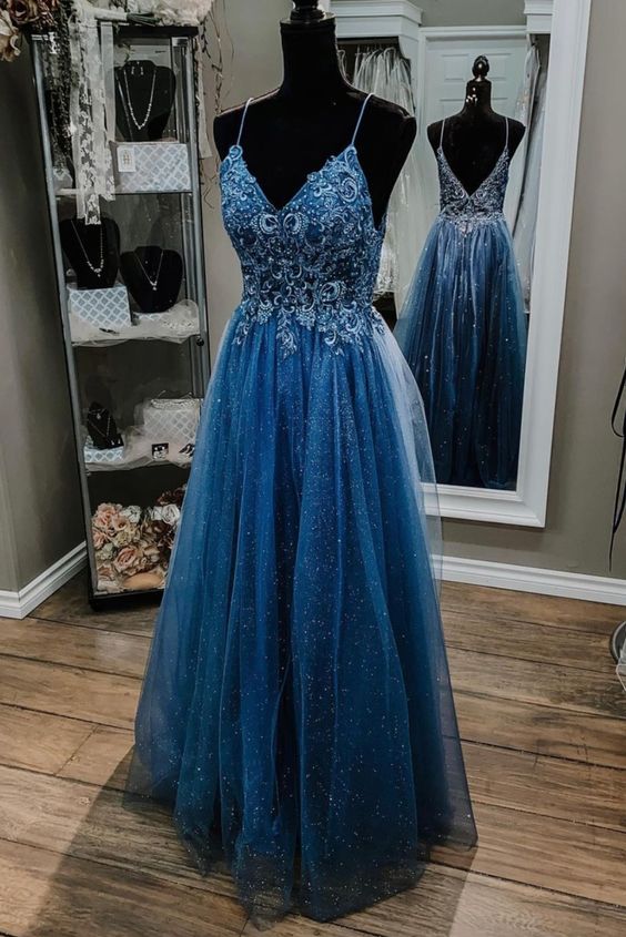 A-line blue tulle and beaded long prom dress formal dress    cg20731