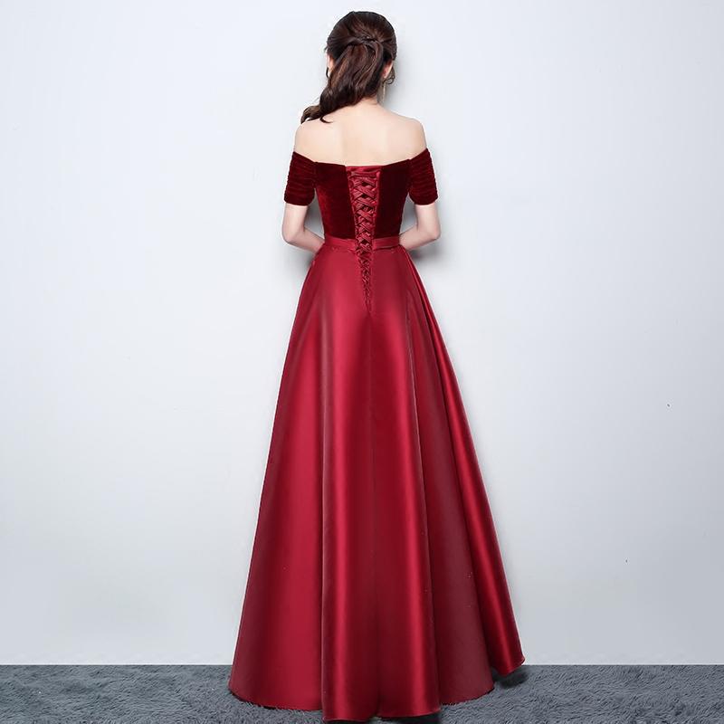 Wine Red Satin With Velvet Prom Dress, Off Shoulder A-Line Formal Dress Evening Dress   cg20734