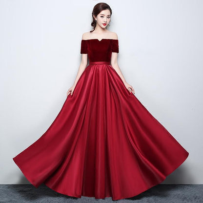 Wine Red Satin With Velvet Prom Dress, Off Shoulder A-Line Formal Dress Evening Dress   cg20734