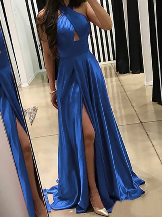 Blue satin long prom dress, evening dress    cg20742
