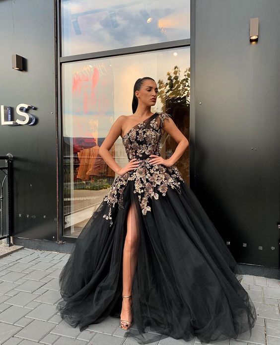 Modest Ball Gown One Shoulder Black Tulle Prom Eevning Dresses with Side Split    cg20748