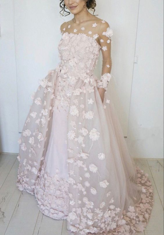prom dresses Elegant light pink tulle ball gown long sleeves wedding dress with 3d flowers   cg20756