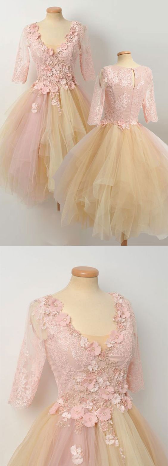 Champagne lace tulle cute homecoming dress    cg20765