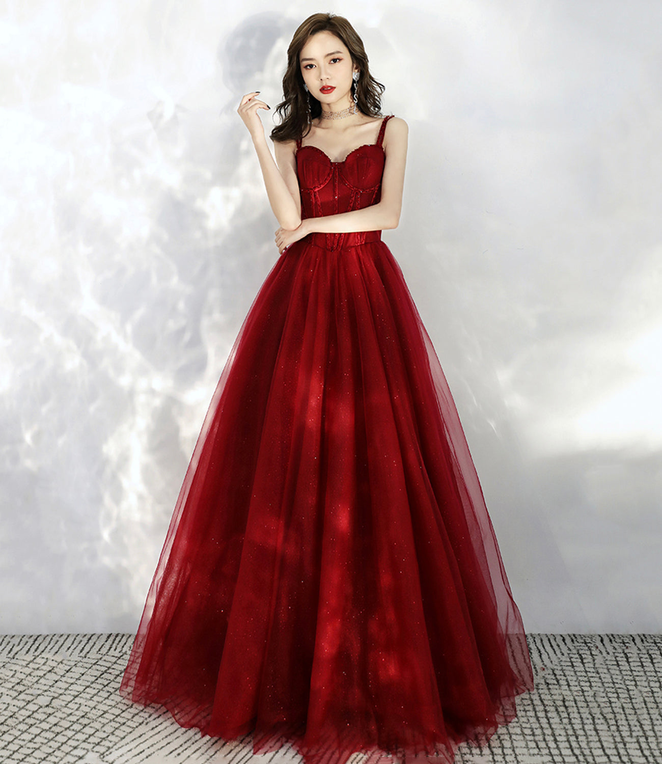 BURGUNDY TULLE LONG A LINE PROM DRESS EVENING DRESS    cg20771