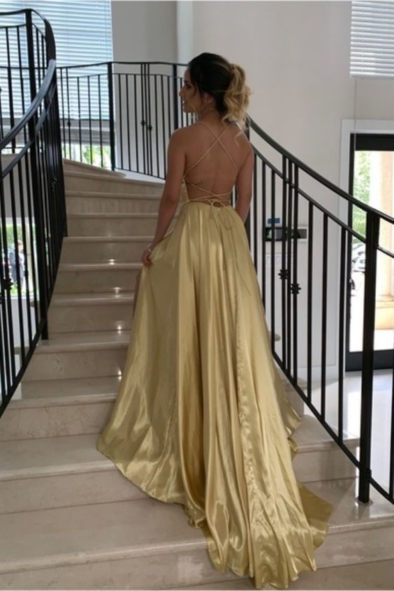 simple straps champagne long prom dress a-line formal dress with slit    cg20792