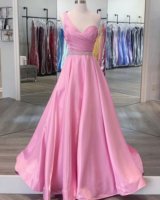 2021 pink one shoulder prom dress pleated formal dress    cg20794