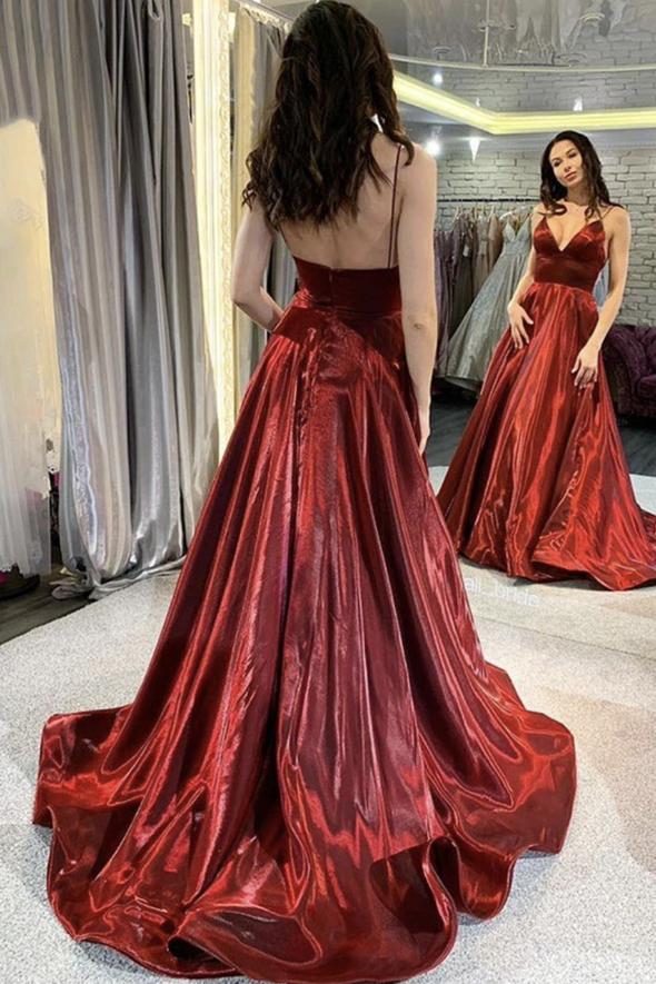 Burgundy satin long A line prom dress evening dress    cg20803