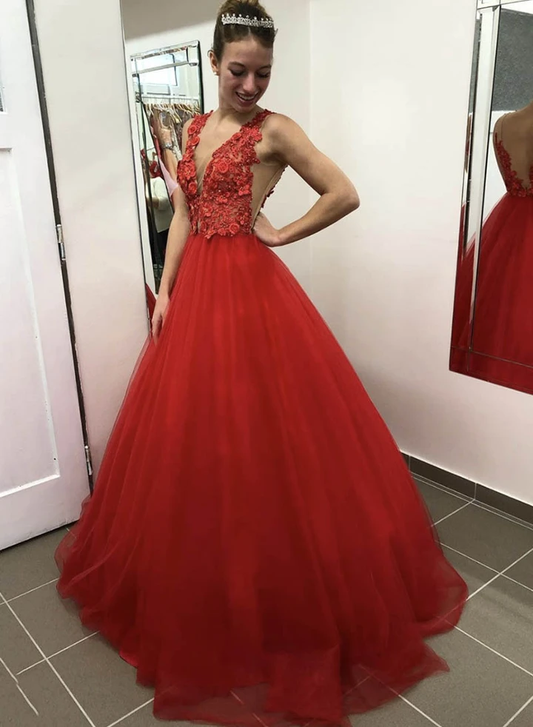 Charming A Line V Neck Red Long Prom/Evening Dress with Appliques    cg20807