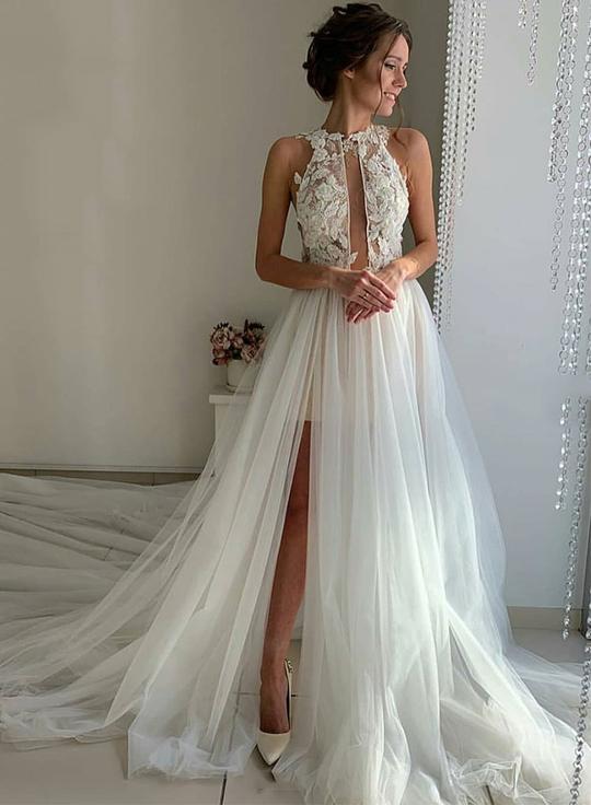 White tulle lace long prom dress, evening dress cg2081