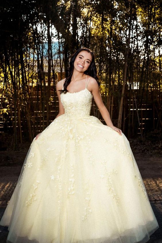yellow long prom dress with appliques lace formal dress     cg20814