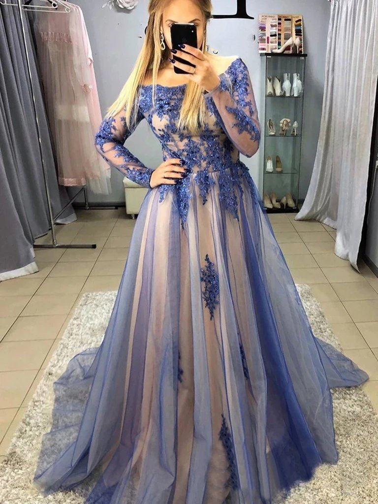Long Sleeves Blue Lace Long Prom Dresses, Blue Lace Formal Evening Dresses    cg20820