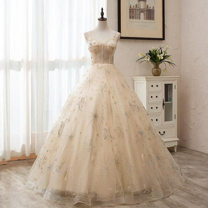 Light Champagne Tulle Ball Gown Straps Sweet 16 Gown, Ball Gown Long Formal prom Dress    cg20822