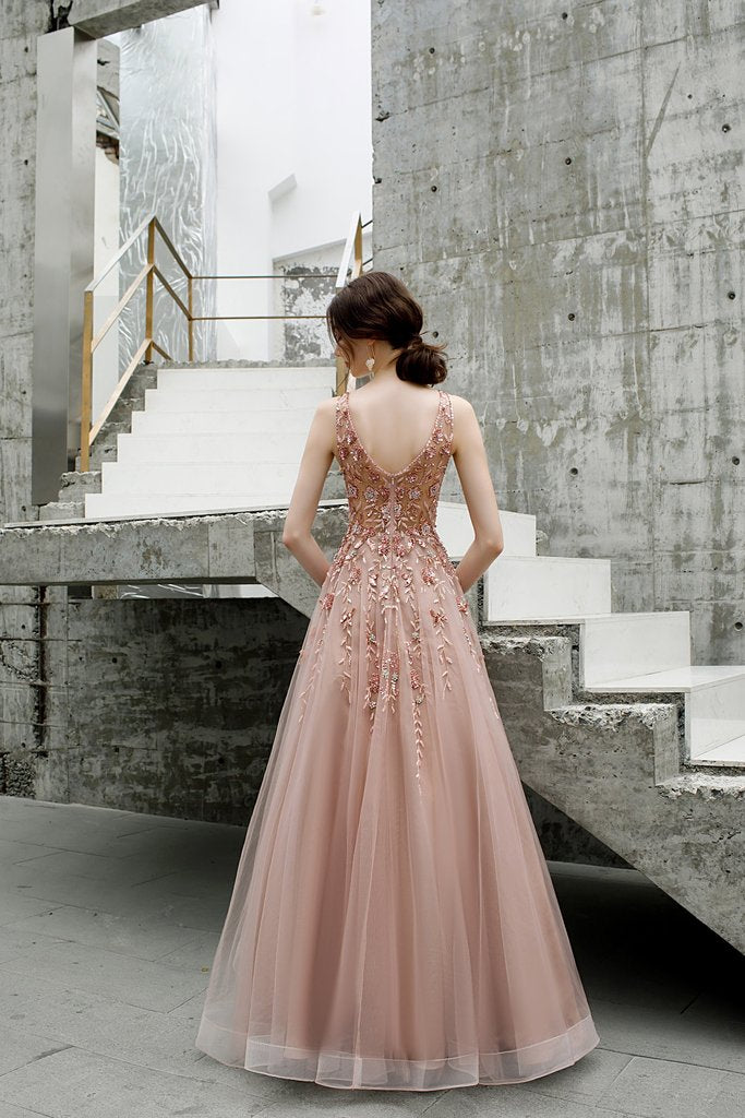 Beautiful Tulle A Line V Neck Pink Beads Straps Prom Dresses, Elegant Long Dance Formal Dress    cg20824