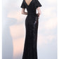 Black Sequins Cap Sleeves Long V-Neckline Bridesmaid Dress, Sequins Junior Prom Dress    cg20825