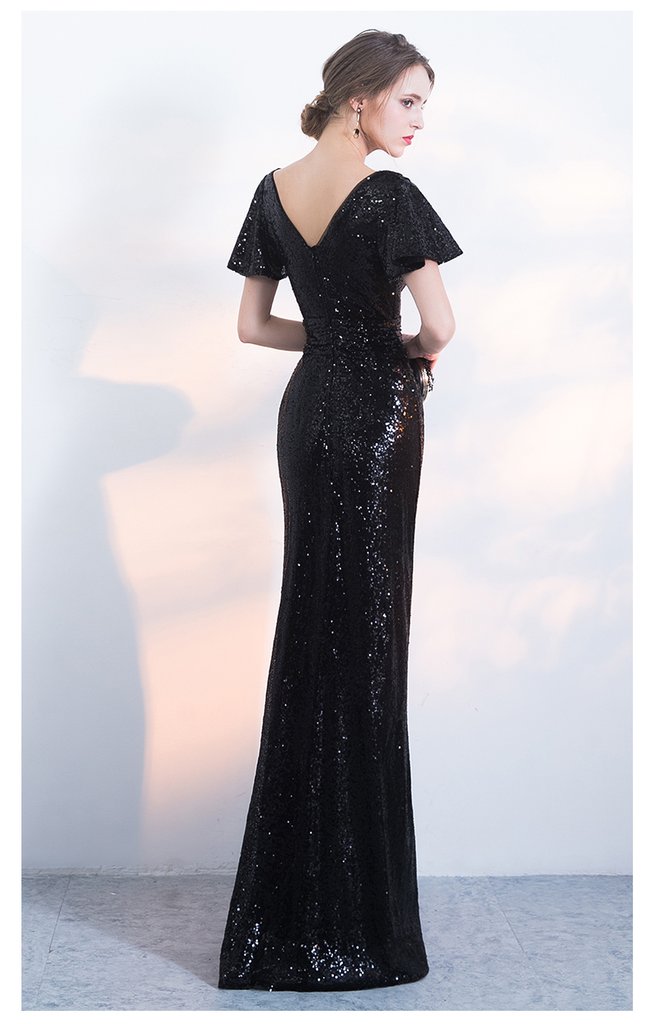 Black Sequins Cap Sleeves Long V-Neckline Bridesmaid Dress, Sequins Junior Prom Dress    cg20825