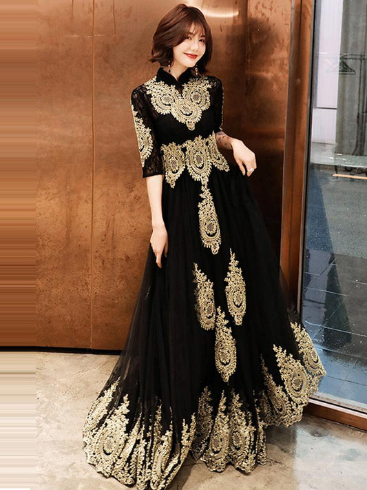 Black Tulle 1/2 Sleeves With Gold Lace Applique Party Dress, Charming Black Evening Dress Prom Dress    cg20826