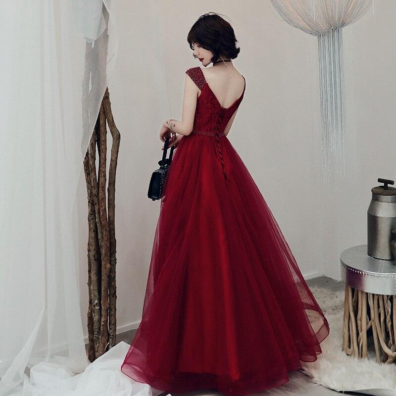 Wine Red Sexy V-Neck Beaded Tulle Long Prom Dress, Dark Red Tulle With Applique Evening Dresses    cg20827