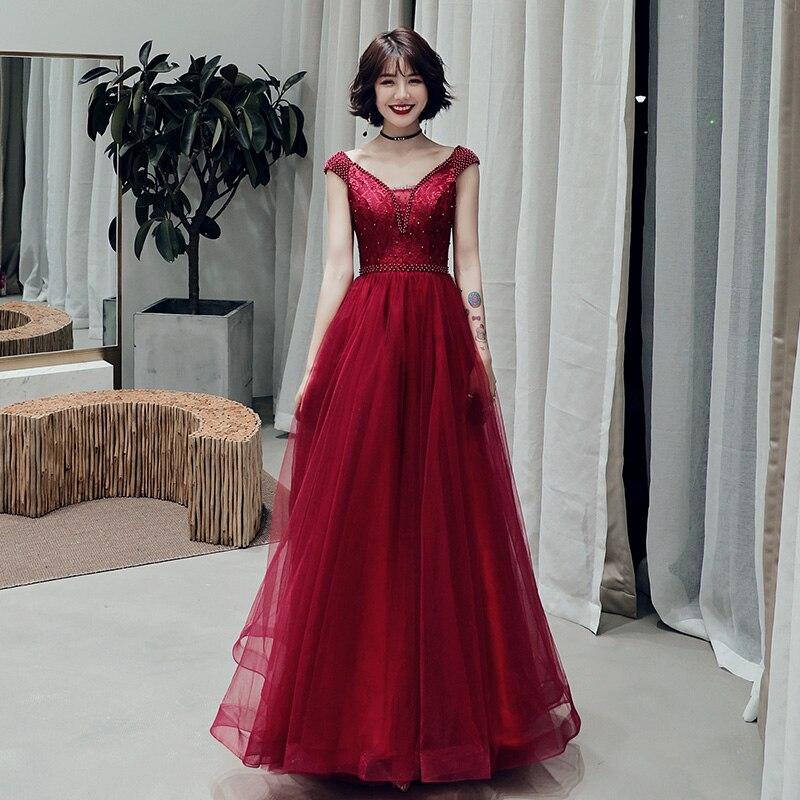 Wine Red Sexy V-Neck Beaded Tulle Long Prom Dress, Dark Red Tulle With Applique Evening Dresses    cg20827