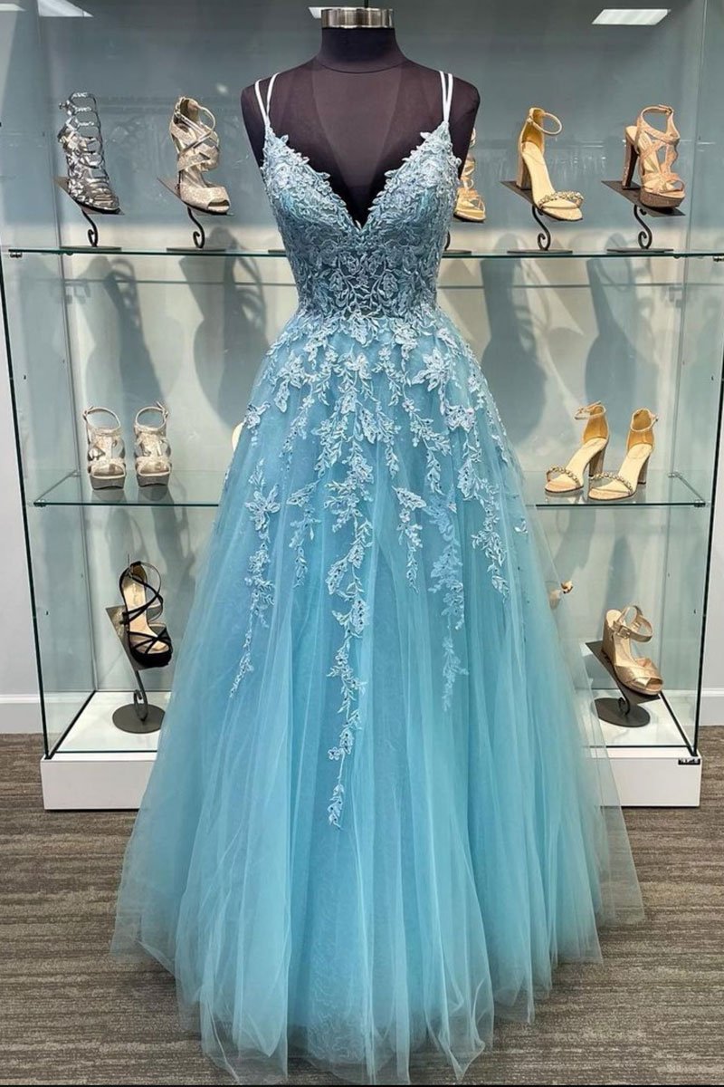 Blue v neck tulle lace long prom dress blue tulle lace evening dress    cg20829