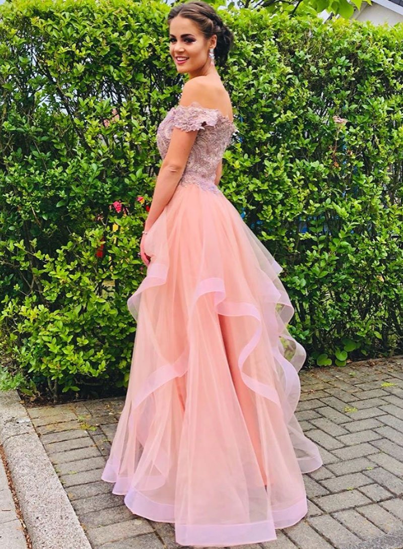 Pink tulle lace long prom dress, pink evening dress cg2083